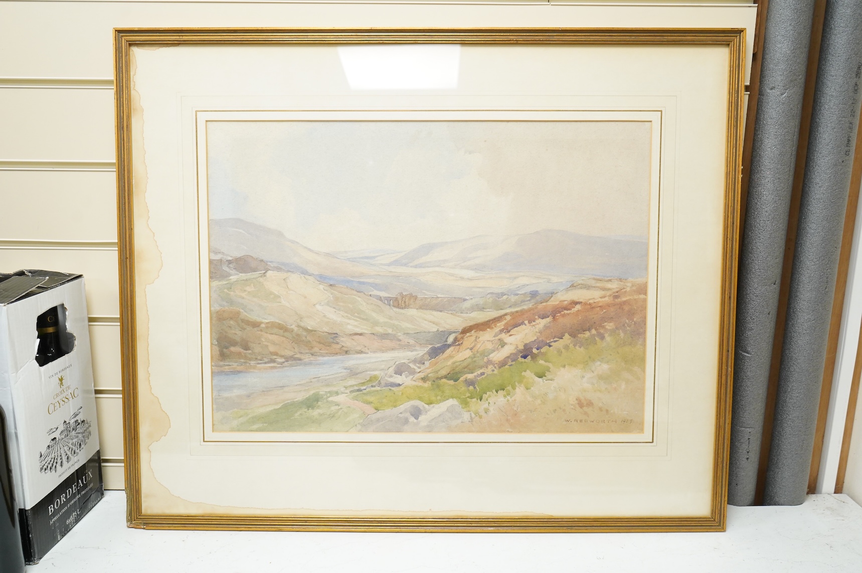 William Redworth (1873-1947), Moorland scene, signed and dated 1837, watercolour, and two other smaller works, largest 38 x 53cm